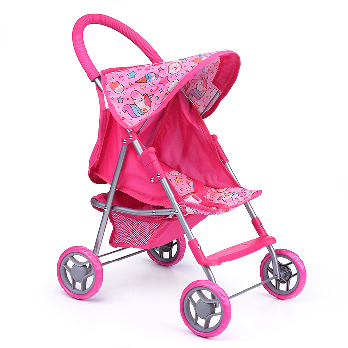 Коляска 9617 для кукол металлическая,складная,прогулочная,со столиком,с тентом,с корзиной,Единорожки