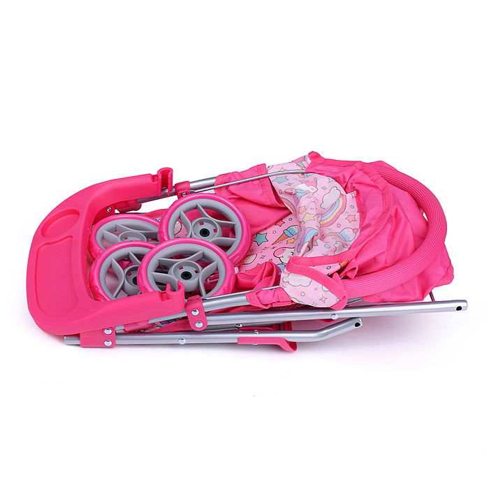 Коляска 9617 для кукол металлическая,складная,прогулочная,со столиком,с тентом,с корзиной,Единорожки