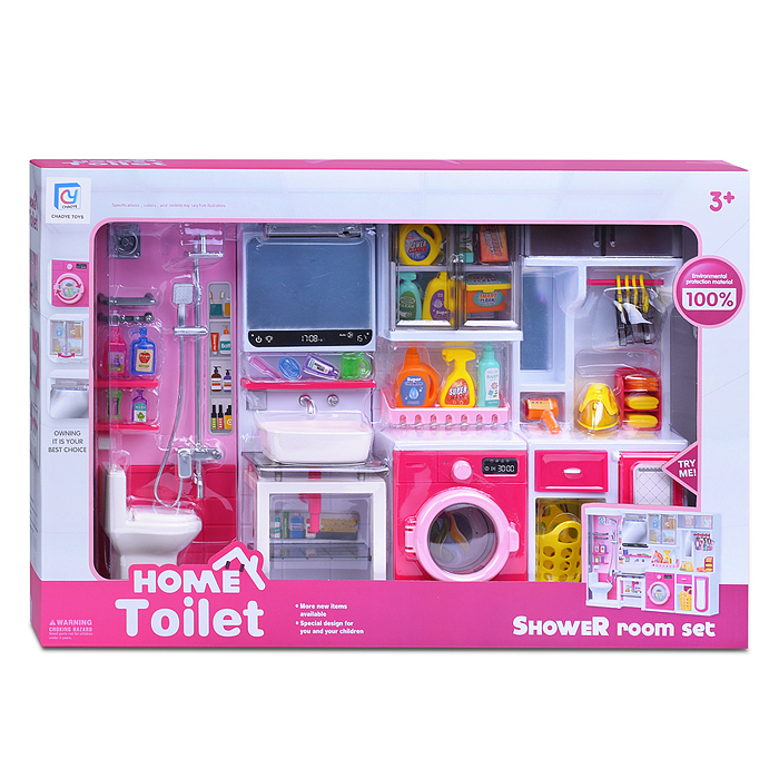 Набор мебели для кукол 818-336 "Прачечная с душевой" на батарейках, розовая, в коробке