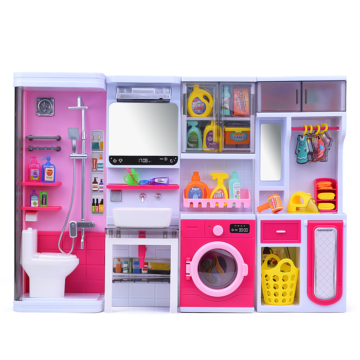 Набор мебели для кукол 818-336 "Прачечная с душевой" на батарейках, розовая, в коробке