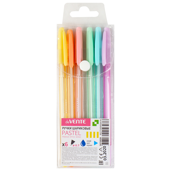 Набор ручек шариковых 6 шт, d=0,7 мм, с полупрозрачным корпусом в пастельных тона