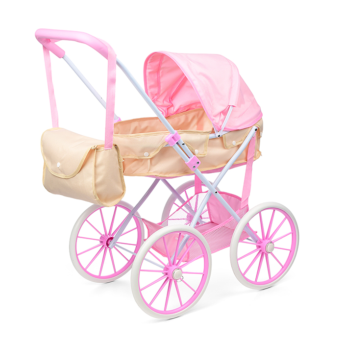 Коляска для кукол LM936B-16 металлическая, прогулочная с капюшоном и сумкой, цвет розово-бежевый