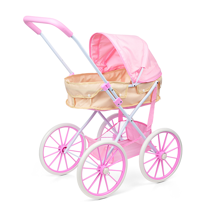 Коляска для кукол LM936B-16 металлическая, прогулочная с капюшоном и сумкой, цвет розово-бежевый