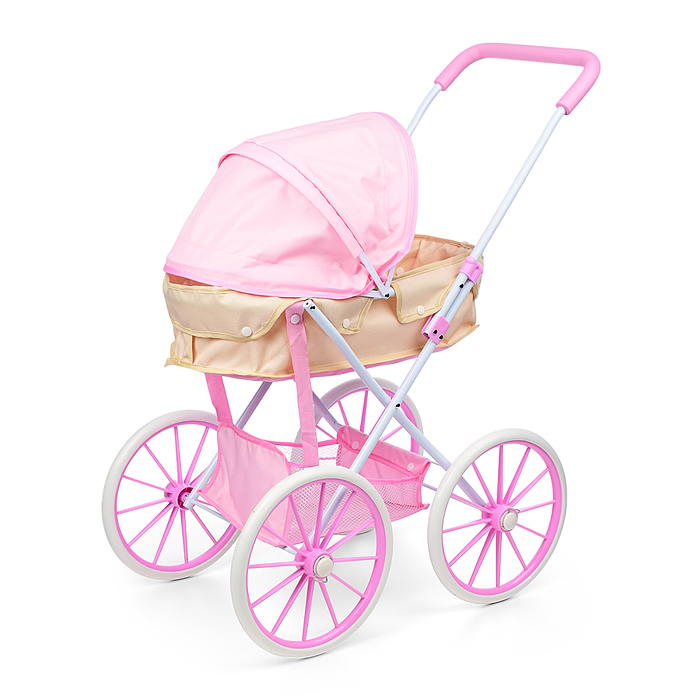 Коляска для кукол LM936B-16 металлическая, прогулочная с капюшоном и сумкой, цвет розово-бежевый