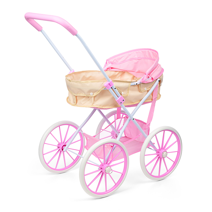 Коляска для кукол LM936B-16 металлическая, прогулочная с капюшоном и сумкой, цвет розово-бежевый