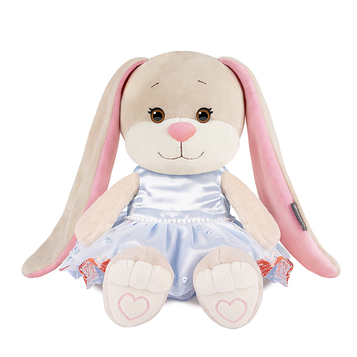 Зайка Лин в голубом платье с бабочками и бусинками, 25 см