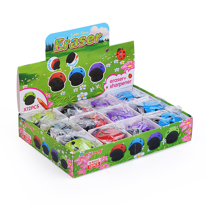 Точилка пластиковая с ластиком "Божья коровка", 1 отверстие, контейнер, ассорти