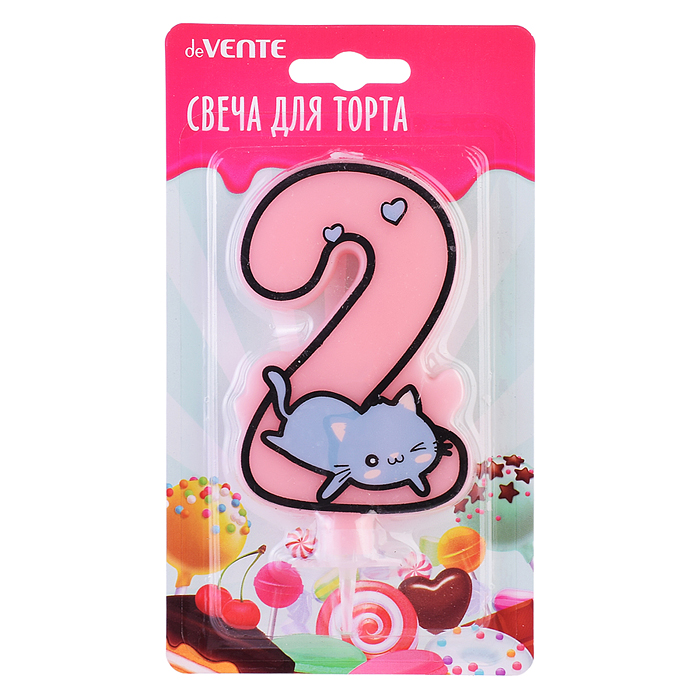 Свеча-цифра для торта "Котик" 2, размер свечки 9,1x6,6x1 см, с рисунком, розовая, в картонн