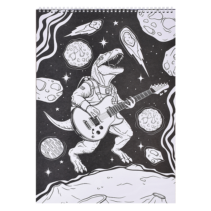 Макси-раскраска на чёрном фоне. Динозавры в космосе. 