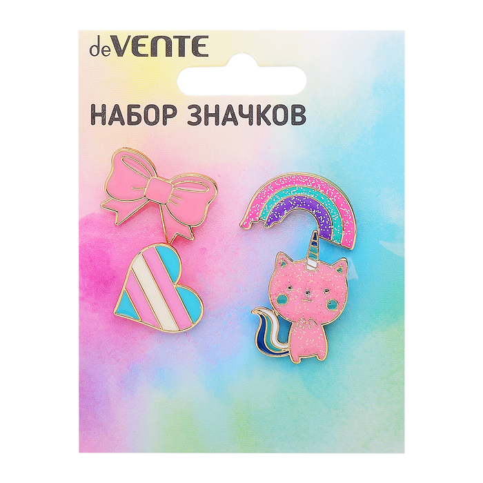 Набор значков "Kitty" эмалированные, размер изделий: котенок 2x3 см, радуга 2,5x1,7 см, сер
