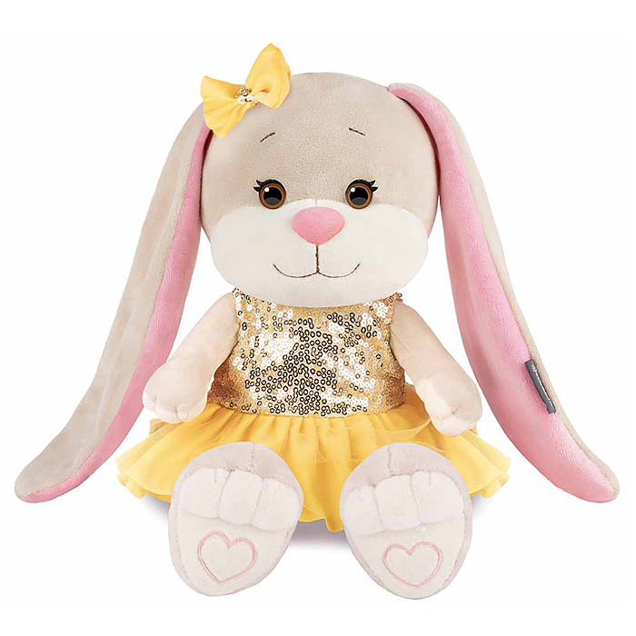 Зайка Лин в жёлтом платье с золотыми пайетками, 25 см, в коробке.