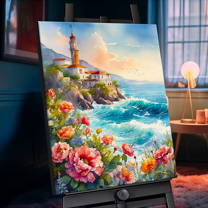 Картина по номерам 40х50 "Морской прилив" с кристаллами из хрусталя (30 цветов)