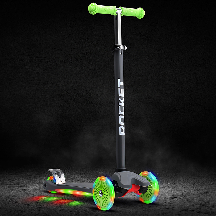 Самокат 3-х колесный ROCKET,колеса PU со светом, ABEC 7, серый