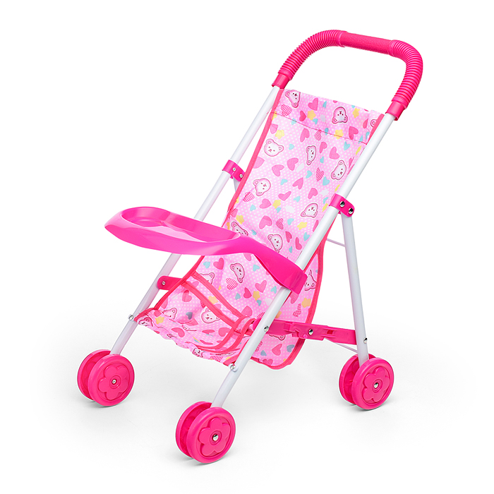 Коляска кукольная CS6819B (металлическая, складная, цвет розовый, с принтом) в пакете