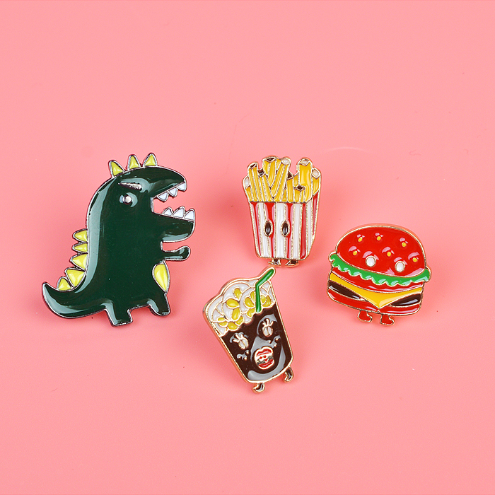Набор значков "Monster" эмалированные, размер изделий: динозавр 3x3 см, картофель фри 1,5x2