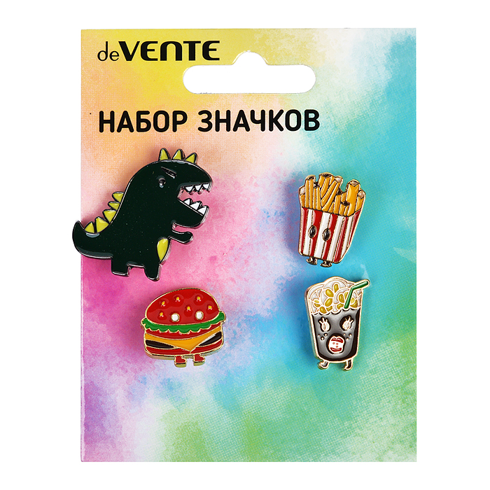 Набор значков "Monster" эмалированные, размер изделий: динозавр 3x3 см, картофель фри 1,5x2