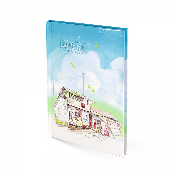 Подарочный блокнот в футляре, 14,5 см * 20,5 см, в точку, 45 л., "Домик весной", голубой