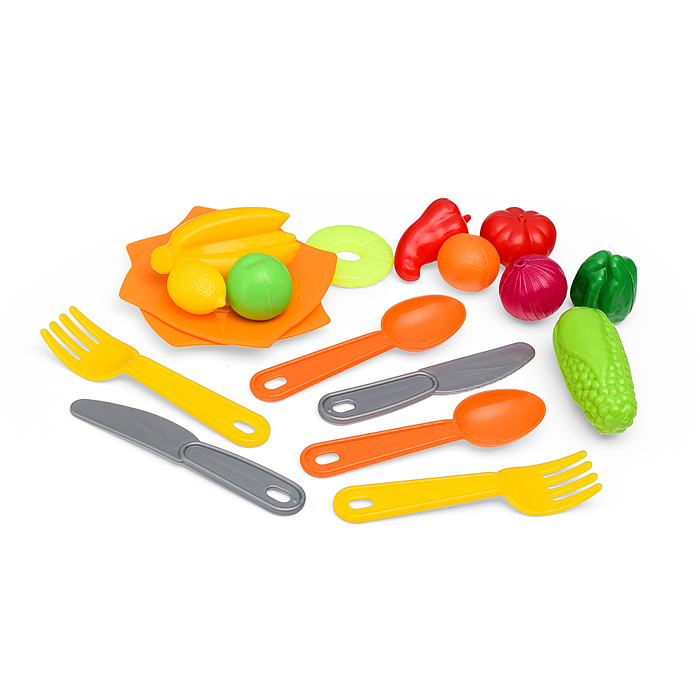Набор детской посуды с зелёным подносом и набором продуктов (18 элементов) (в сеточке)