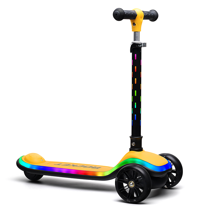 Фото к товару Самокат трёхколёсный R0200 ROCKET светящиеся колеса PU, дека, рулевая стойка, цвет жёлто-чёрный Самокат трёхколёсный R0200 ROCKET светящиеся колеса PU, дека, рулевая стойка, цвет жёлто-чёрный