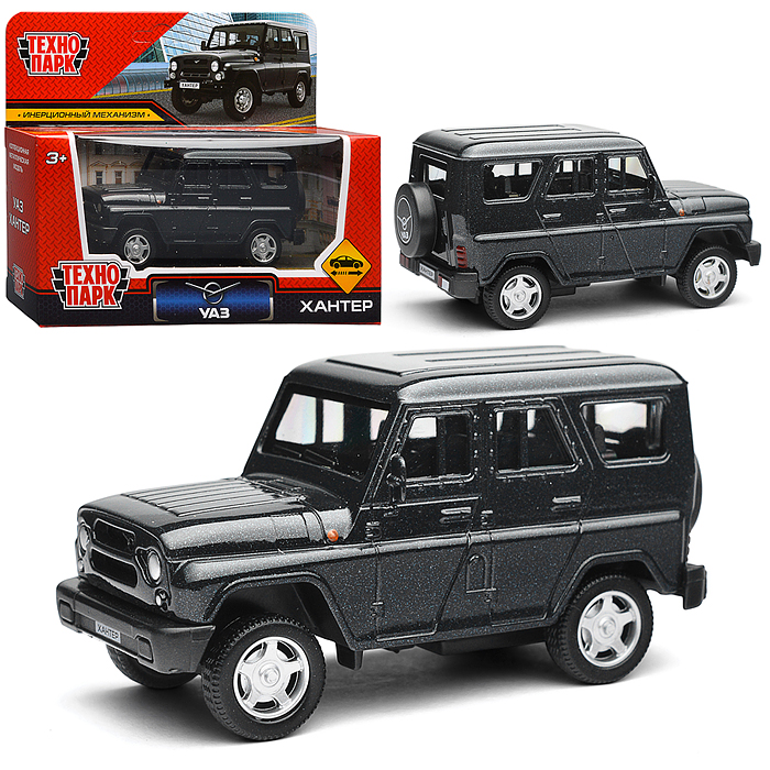 Машина металл UAZ Хантер 10,5 см, инерция, темно-серый, коробка