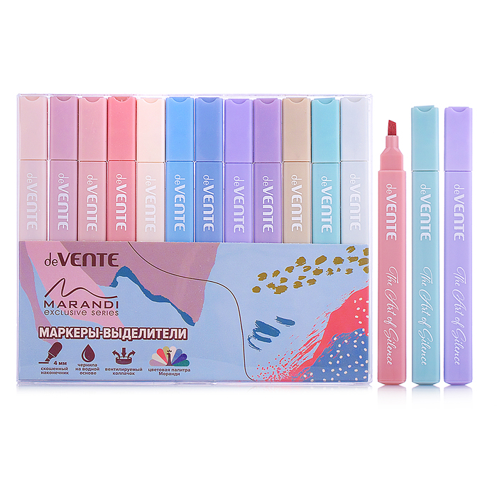 Набор маркеров-выделителей "Marandi" 12 цв, прямоугольный корпус, скошенный наконечник, шир