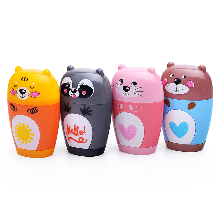 Точилка с контейнером и ластиком, 1 отверстие "Зверушки" (4 вида)