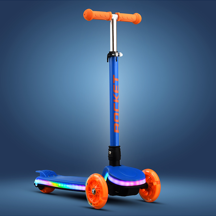 Самокат трёхколёсный R0198 ROCKET колёса световые PU, цвет синий