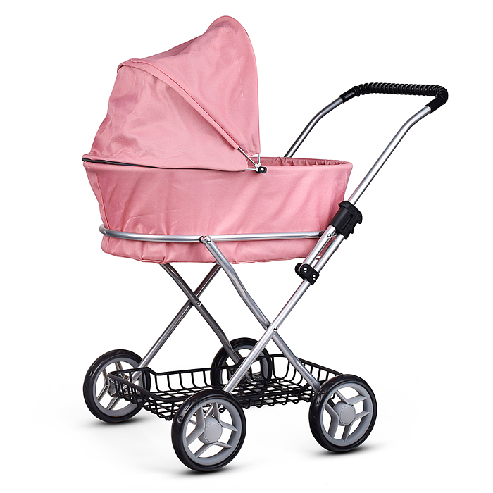 Коляска для кукол 9325B металлическая, складная, прогулочная с капюшоном и корзиной, цвет розовый