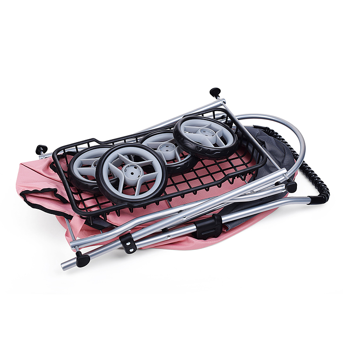 Коляска для кукол 9325B металлическая, складная, прогулочная с капюшоном и корзиной, цвет розовый