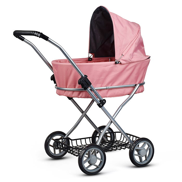 Коляска для кукол 9325B металлическая, складная, прогулочная с капюшоном и корзиной, цвет розовый