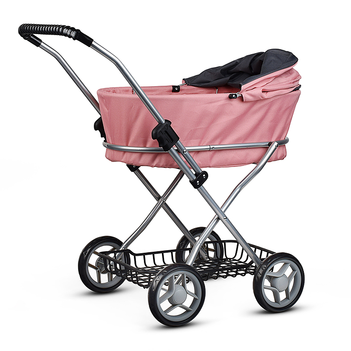 Коляска для кукол 9325B металлическая, складная, прогулочная с капюшоном и корзиной, цвет розовый