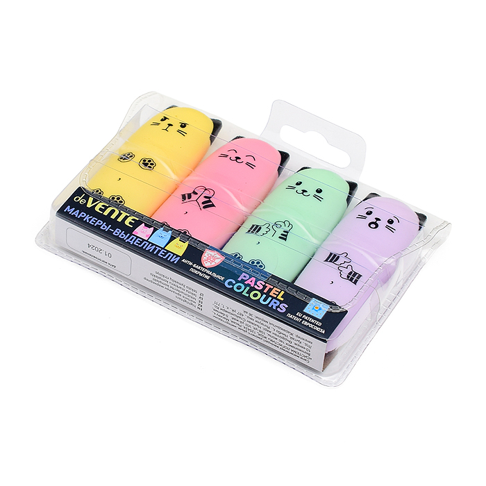 Набор маркеров-выделителей "Kitty" (04 цв - пастельные цвета: роз, желт, зелен, фиол) 