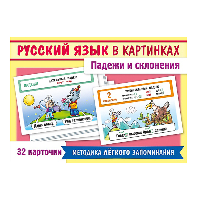 Наглядные пособия для детей 32 карточки 120х170мм -Русский язык в картинках. Падежи и склонения