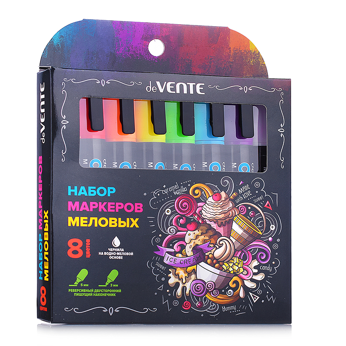 Фото к товару Набор маркеров меловых "Chalk Creative" 8 цветов, круглый корпус, двусторонний наконечник: Набор маркеров меловых "Chalk Creative" 8 цветов, круглый корпус, двусторонний наконечник: