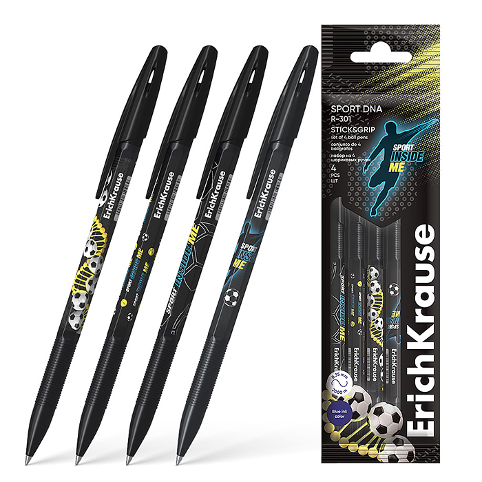 Набор из 4 ручек шариковых R-301 Stick&Grip Sport DNA 0.7, цвет чернил синий (в пакете)