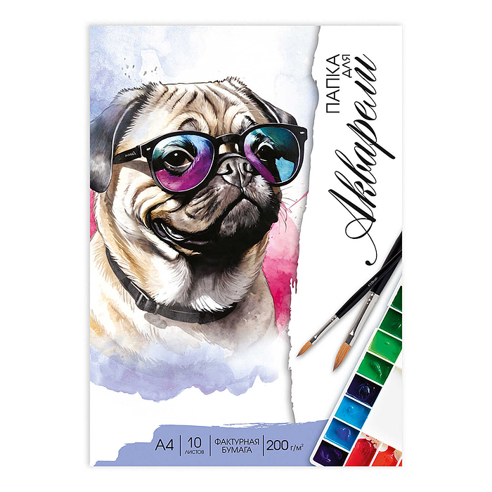 Папка для акварели 10 л, "Мопс в очках" А4 200 г/м², 