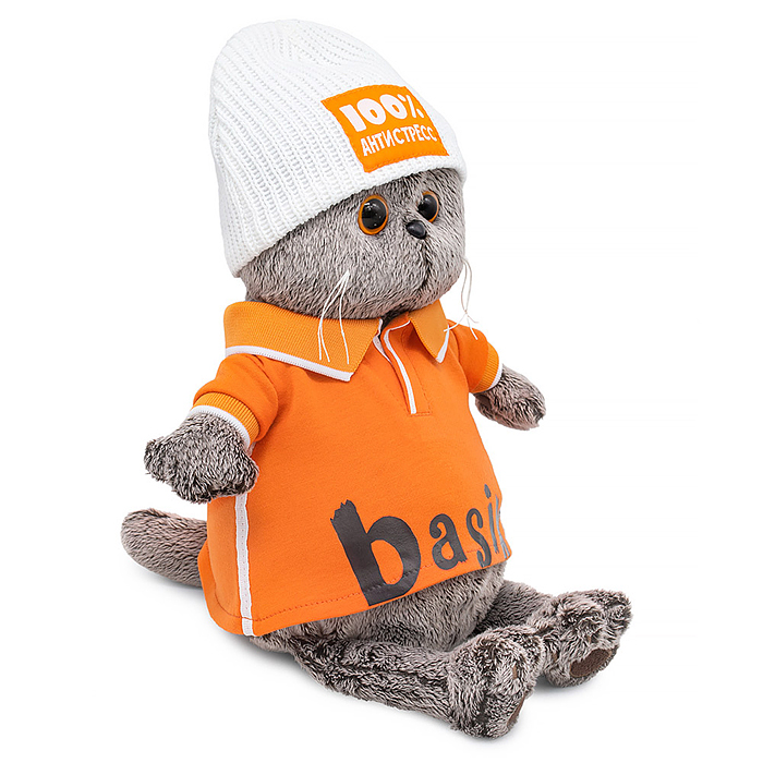 Кот Басик в поло и шапке "100% антистресс"