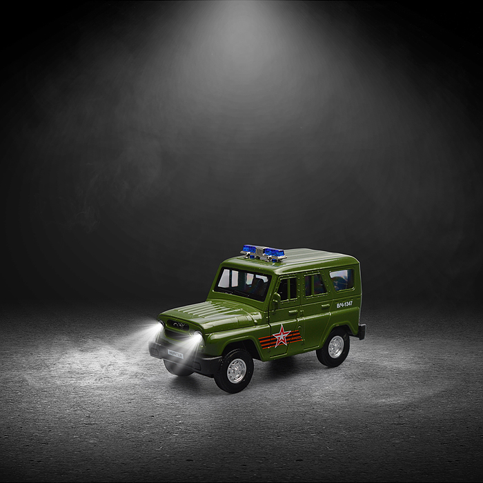 Машина металл свет-звук UAZ HUNTER Армия России 12 см, двер, багаж, инерция