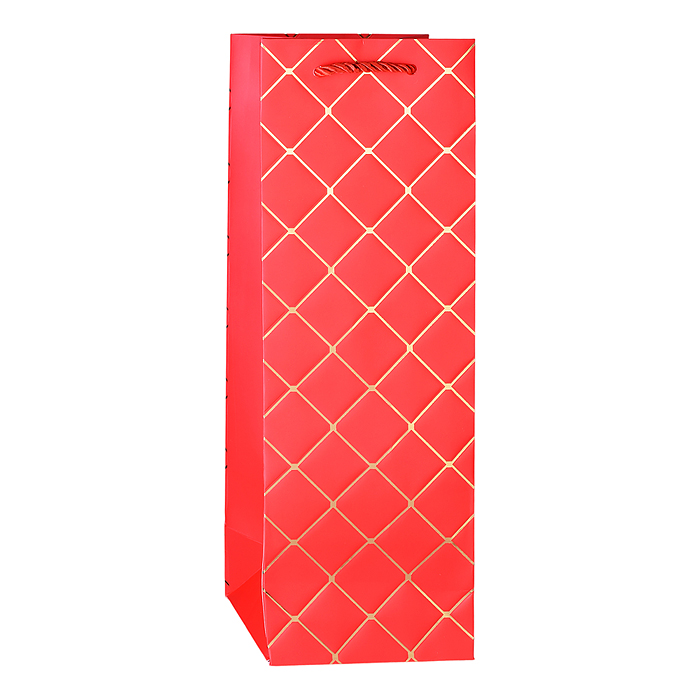 Пакет подарочный с матовой лам. и тис. фол. 12x35x10см (Bottle) Блестящая клетка, красный,210г 