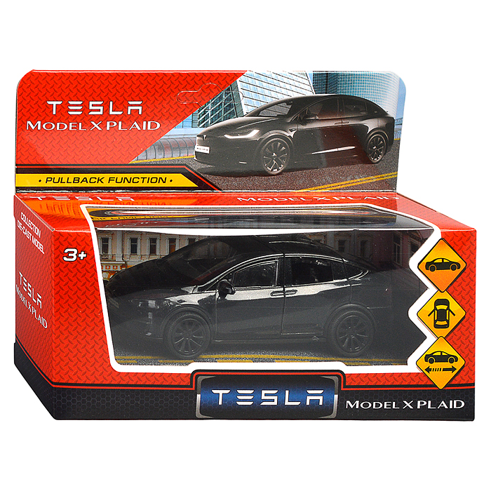 Машина металл Tesla Model X Plaid 12 см, двери, черн, в коробке