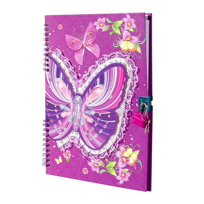 Подарочный блокнот 55 л., "Кружевная бабочка" 18,5х27 см, замочек, фиолетовый