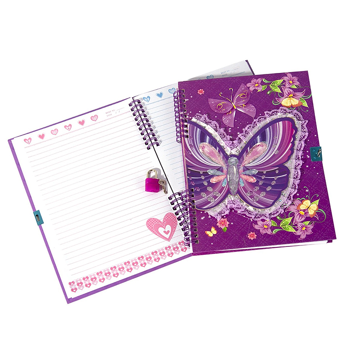 Подарочный блокнот 55 л., "Кружевная бабочка" 18,5х27 см, замочек, фиолетовый