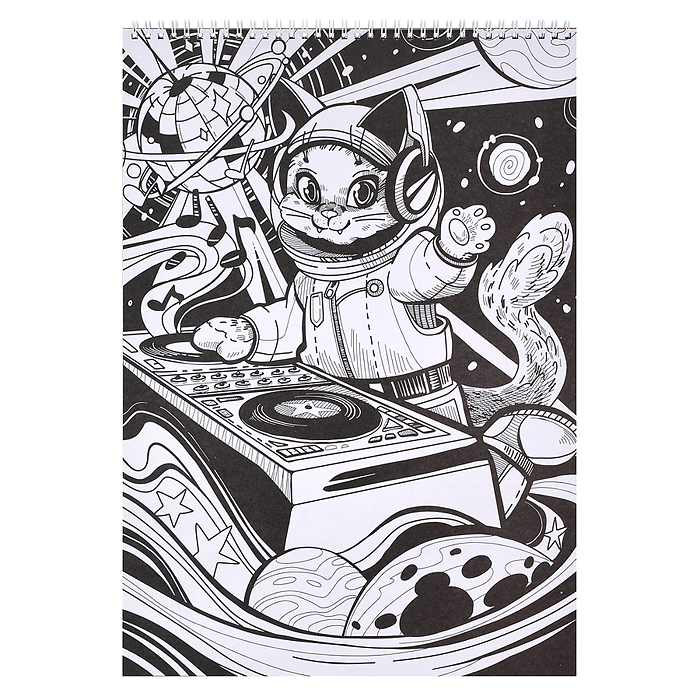 Фото к товару Макси-раскраска на чёрном фоне. Коты в космосе. Макси-раскраска на чёрном фоне. Коты в космосе.