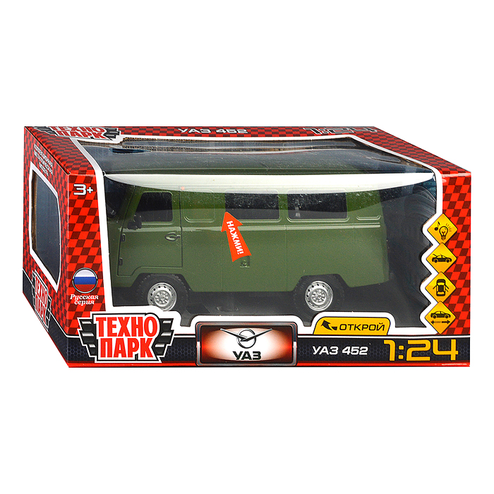 Машина металл UAZ УАЗ 452, 18,5 см, (свет-звук, двер. люк, баг,зеленый) инерц., в коробке