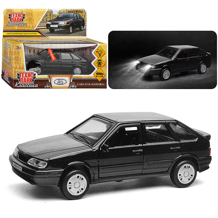 Машина металл LADA 2114 "Самара", 12см, (свет-звук, откр дв, баг, черный) инерц., в коробке