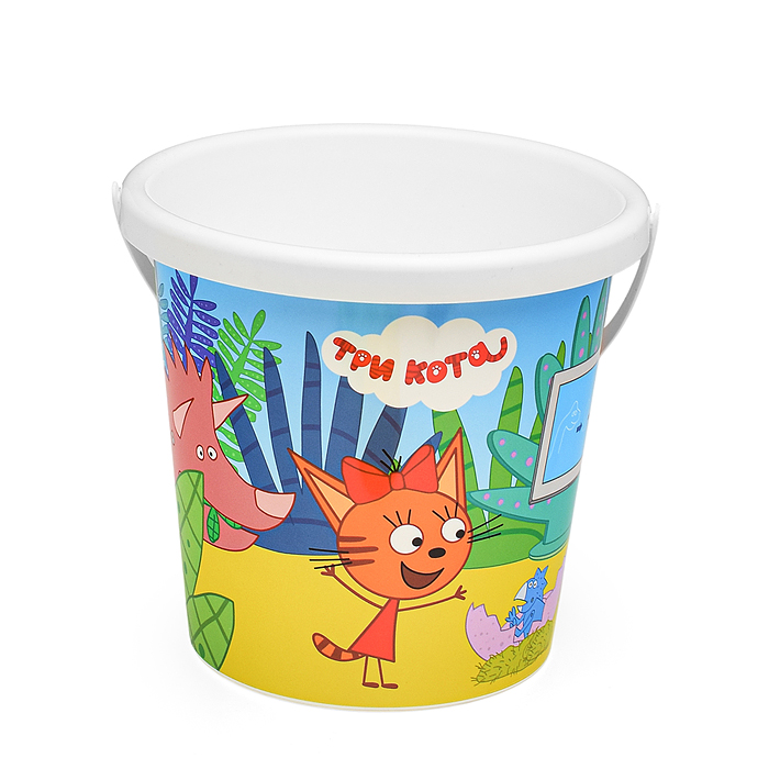 Песочный набор "Три кота" №16: Ведро с наклейкой, лопатка №5, грабельки №5, формочки (цветок + морск