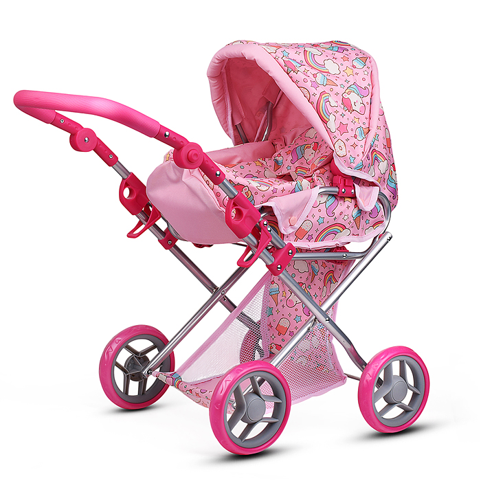 Коляска для кукол 9346 металлическая, складная, с сумкой-переноской, корзиной и складным козырьком