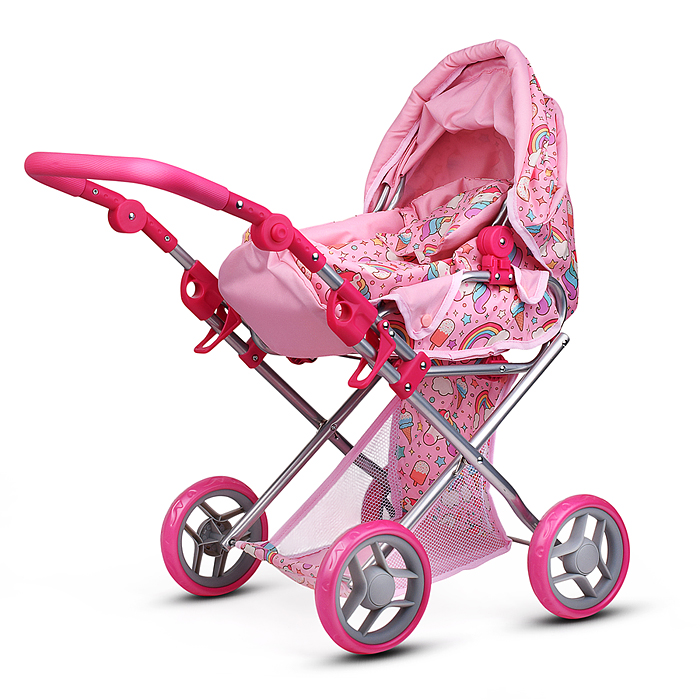 Коляска для кукол 9346 металлическая, складная, с сумкой-переноской, корзиной и складным козырьком
