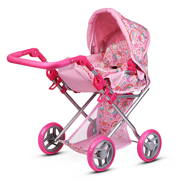 Коляска для кукол 9346 металлическая, складная, с сумкой-переноской, корзиной и складным козырьком