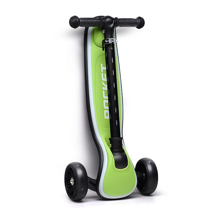 Самокат трёхколёсный R0200 ROCKET светящиеся колеса PU, дека, рулевая стойка, цвет черно-зеленый
